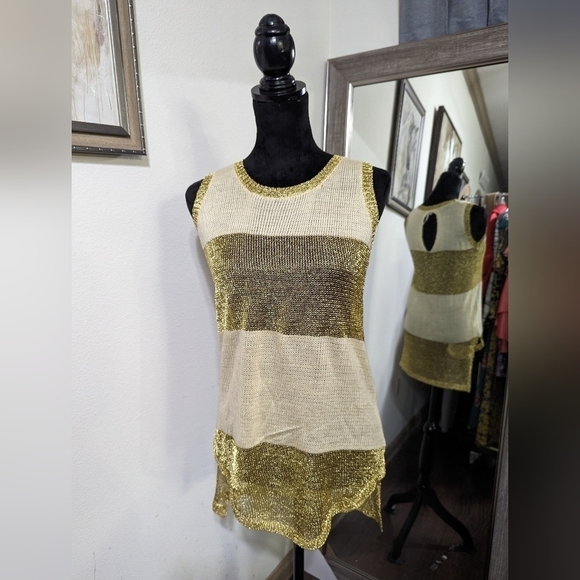 36Point5 Cream and Shimmer Gold Striped Tunic Tank Top M - Picture 1 of 8